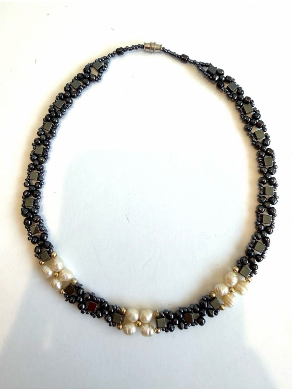 Handcrafted Hematite and Freshwater Pearl Choker/Collar Necklace - Picture 5 of 10